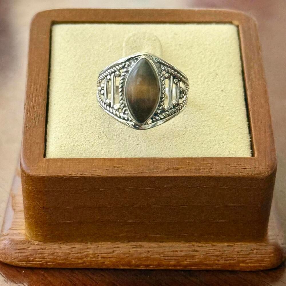Natural Tigers Eye Marquise Sterling Silver Ring Size 6